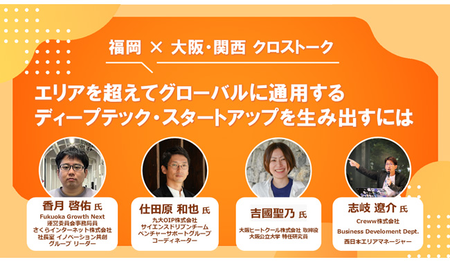 2024/11/12(火)18時30分からFukuoka DEEPTECH NIGHT（EL#15）おいて「福岡×大阪・関西クロストーク～エリアを超えてグローバルに通用するディープテック・スタートアップを生み出すには～」を開催します！